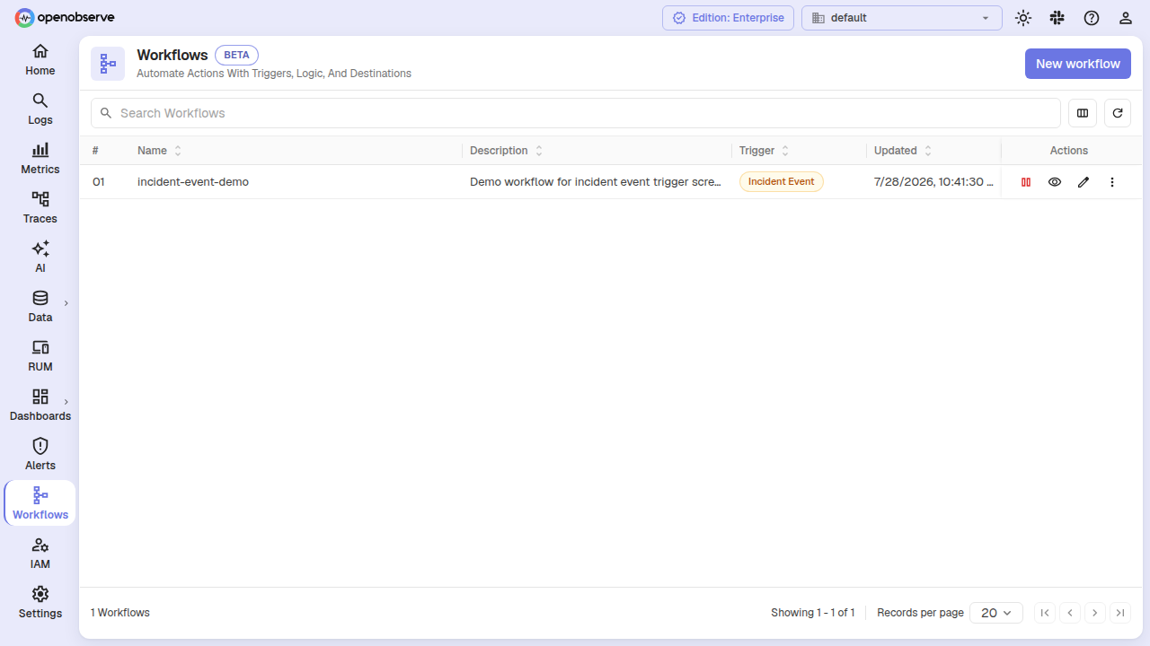 workflow list showing Incident Event label in the trigger column