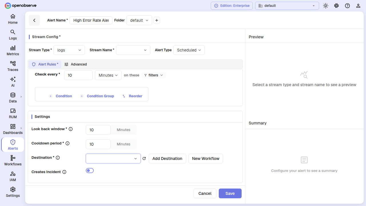 alert form showing workflows field